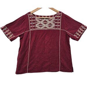 Madewell Womens S‎ Red Embroidered Linen Blend Boxy Southwestern BohoTop